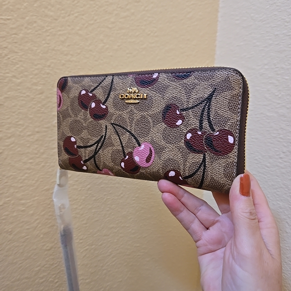 Coach Long Zip Around Wallet In Signature Canvas With Cherry Print - Picture 13 of 13